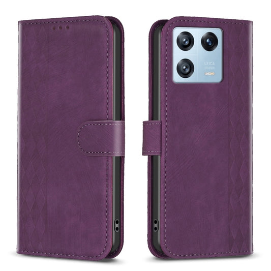 For Xiaomi 13 Pro Plaid Embossed Leather Phone Case(Purple) - 13 Pro Cases by buy2fix | Online Shopping UK | buy2fix