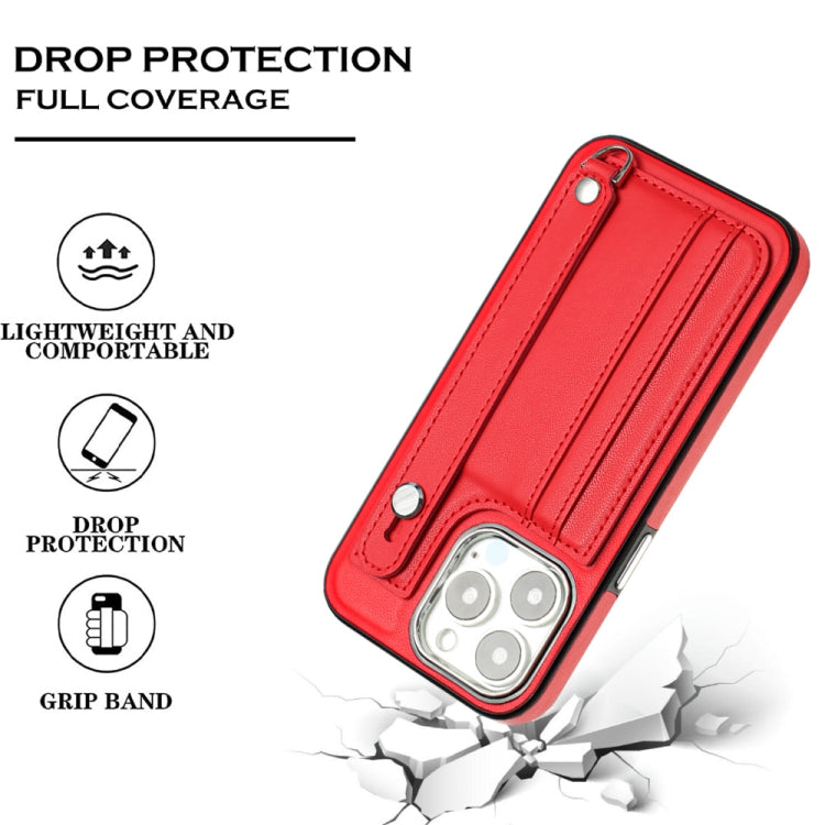 For iPhone 13 Pro Shockproof Leather Phone Case with Wrist Strap(Red) - iPhone 13 Pro Cases by buy2fix | Online Shopping UK | buy2fix