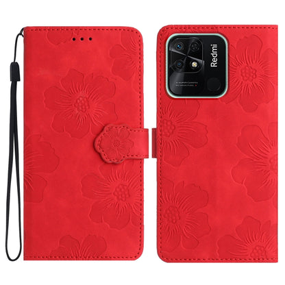 For Xiaomi Redmi 10C Flower Embossing Pattern Leather Phone Case(Red) - Xiaomi Cases by buy2fix | Online Shopping UK | buy2fix