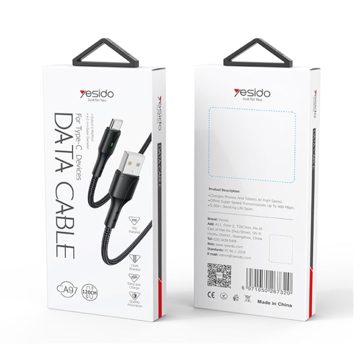 YESIDO CA97 2.4A USB to Type-C Braided Charging Data Cable with Indicator Light, Length:1.2m(Black) - USB-C & Type-C Cable by Yesido | Online Shopping UK | buy2fix