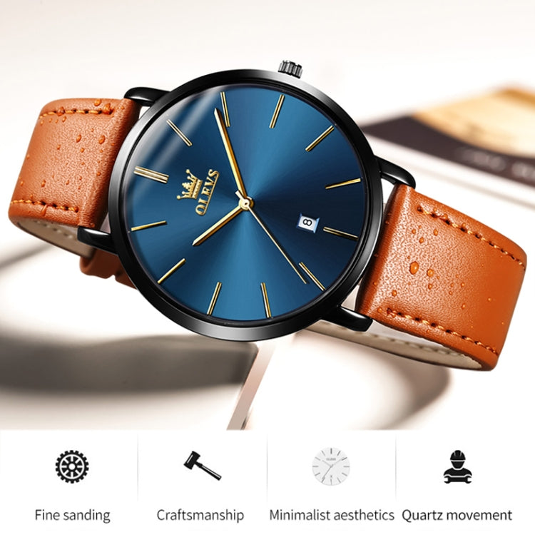 OLEVS 5869 Men Business Waterproof Genuine Leather Strap Quartz Watch(Blue Black Brown) - Leather Strap Watches by OLEVS | Online Shopping UK | buy2fix