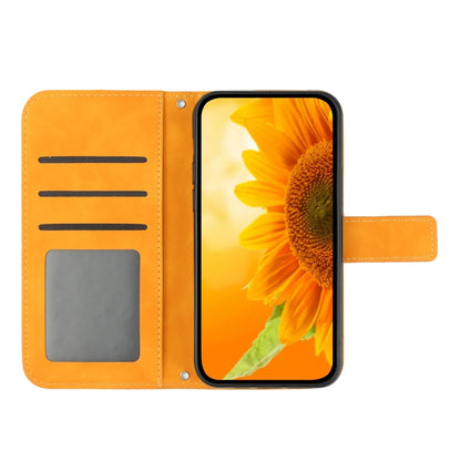 For iPhone 15 Plus Skin Feel Sun Flower Embossed Flip Leather Phone Case with Lanyard(Yellow) - iPhone 15 Plus Cases by buy2fix | Online Shopping UK | buy2fix