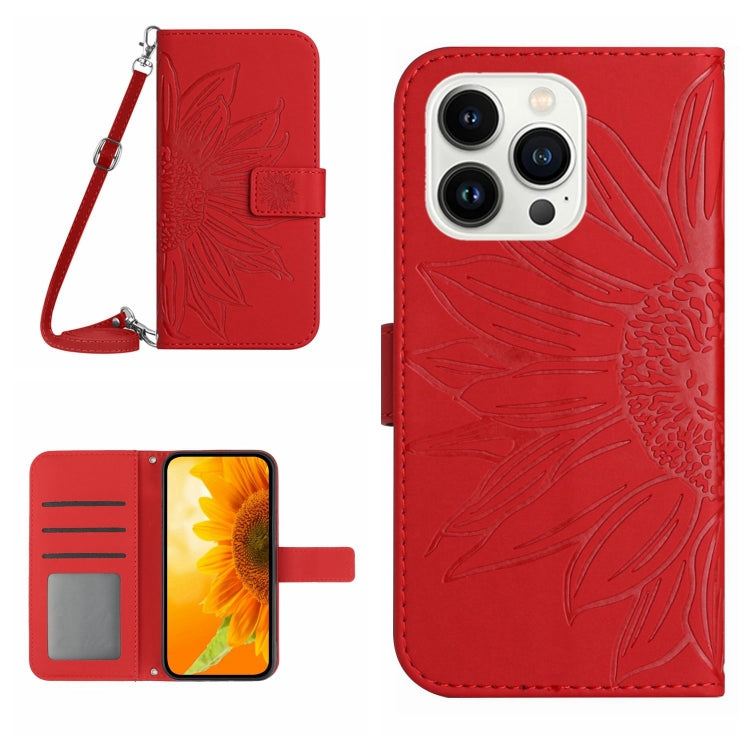 For iPhone 15 Pro Max Skin Feel Sun Flower Embossed Flip Leather Phone Case with Lanyard(Red) - iPhone 15 Pro Max Cases by buy2fix | Online Shopping UK | buy2fix