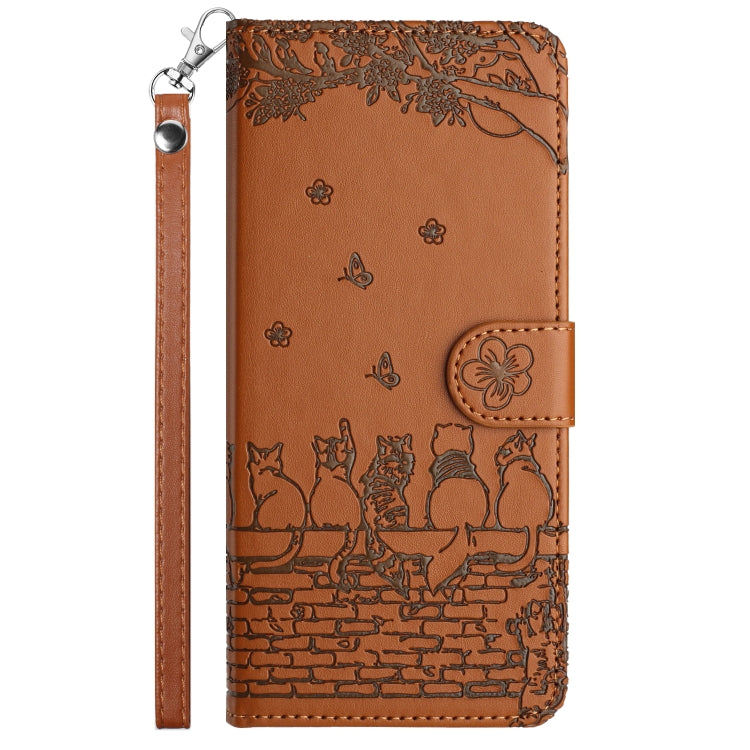 For Xiaomi Poco F5 Cat Embossing Pattern Leather Phone Case with Lanyard(Brown) - Xiaomi Cases by buy2fix | Online Shopping UK | buy2fix