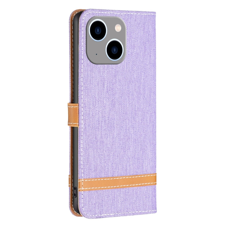 For iPhone 15 Plus Color Block Denim Texture Leather Phone Case(Purple) - iPhone 15 Plus Cases by buy2fix | Online Shopping UK | buy2fix