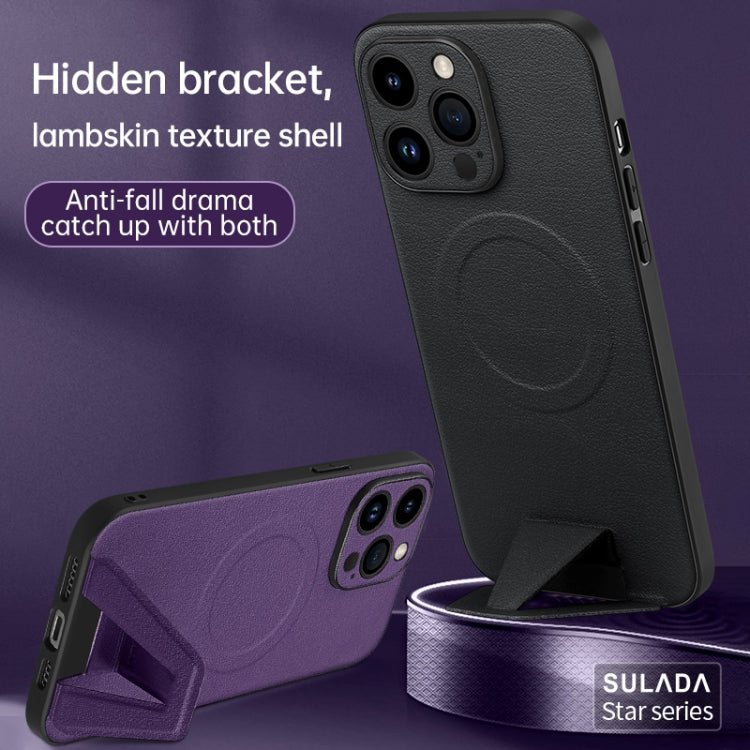 For iPhone 14 Plus SULADA Folding Holder Lambskin Texture MagSafe Phone Case(Black) - iPhone 14 Plus Cases by SULADA | Online Shopping UK | buy2fix