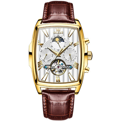 OLEVS 6675 Men Multifunctional Moon Phase Tourbillon Mechanical Watch(White + Gold) - Leather Strap Watches by OLEVS | Online Shopping UK | buy2fix