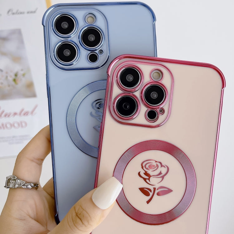 For iPhone 15 Plus Electroplate Side Roses Flower MagSafe Phone Case(Blue) - iPhone 15 Plus Cases by buy2fix | Online Shopping UK | buy2fix