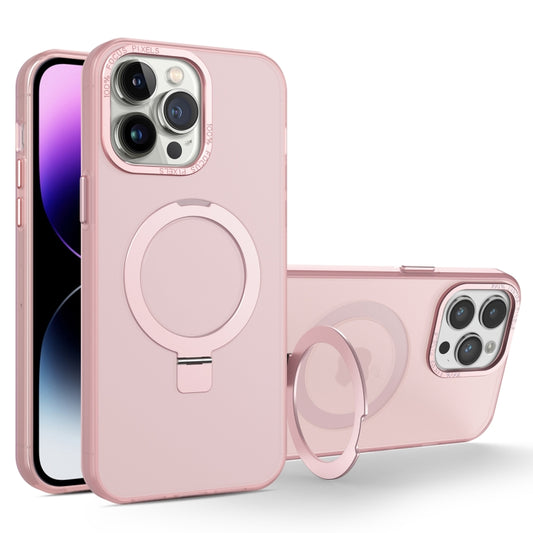 For iPhone 14 Pro MagSafe Metal Holder Frosted Translucent Phone Case(Pink) - iPhone 14 Pro Cases by buy2fix | Online Shopping UK | buy2fix