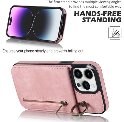 For iPhone 15 Pro Max Retro Ring and Zipper RFID Card Slot Phone Case(Pink) - iPhone 15 Pro Max Cases by buy2fix | Online Shopping UK | buy2fix