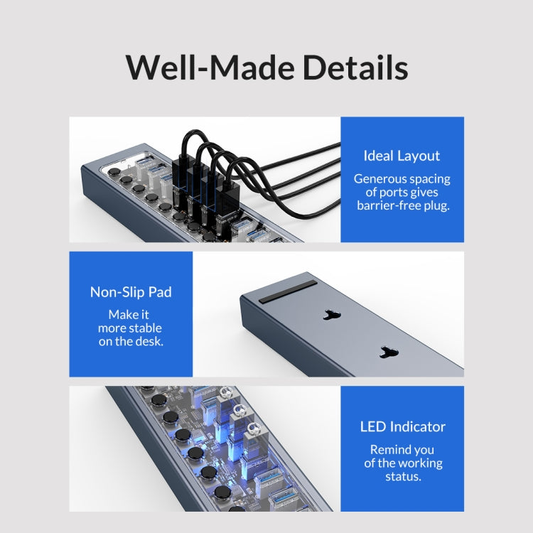 ORICO AT2U3-16AB-GY-BP 16 Ports USB 3.0 HUB with Individual Switches & Blue LED Indicator(AU Plug) - USB 3.0 HUB by ORICO | Online Shopping UK | buy2fix