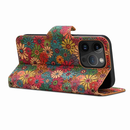 For iPhone 15 Pro Max Denior Flower Language Series Cork Fabric Oil Edge Leather Phone Case(Spring) - iPhone 15 Pro Max Cases by Denior | Online Shopping UK | buy2fix