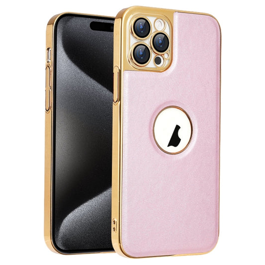 For iPhone 15 Pro Max Electroplated Leather Texture PU + PC Phone Case(Pink) - iPhone 15 Pro Max Cases by buy2fix | Online Shopping UK | buy2fix