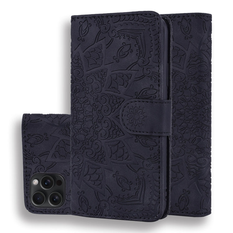 For iPhone 15 Pro Max Mandala Embossed Dual-Fold Calf Leather Phone Case(Black) - iPhone 15 Pro Max Cases by buy2fix | Online Shopping UK | buy2fix