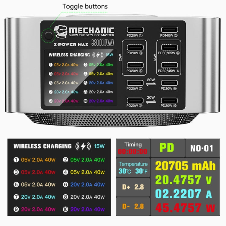 Mechanic X-Power Series Multiport Digital Display USB Charger Station with Wireless Charging, Total Power:150W(US Plug) - Dock Charger by MECHANIC | Online Shopping UK | buy2fix