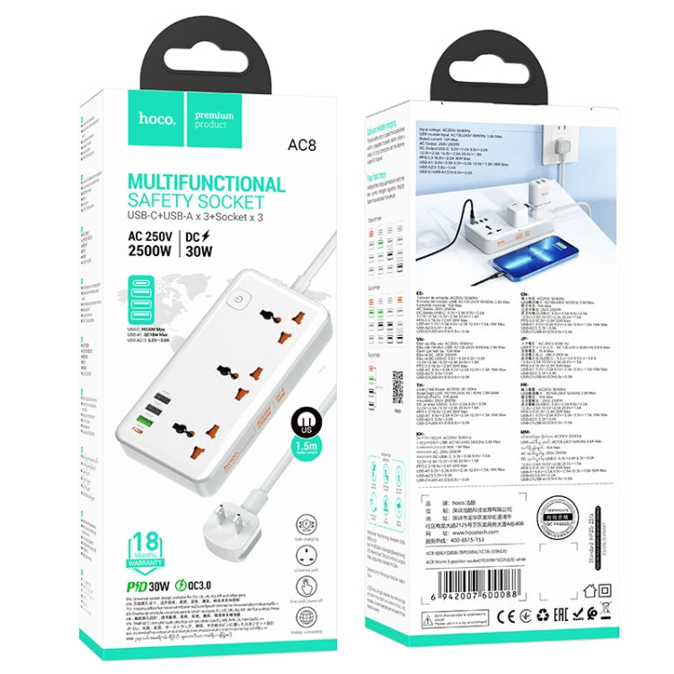 hoco AC8 Storm 3-position Socket with PD30W+3USB Ports, Cable Length: 1.5m, US Plug(White) - Extension Socket by hoco | Online Shopping UK | buy2fix