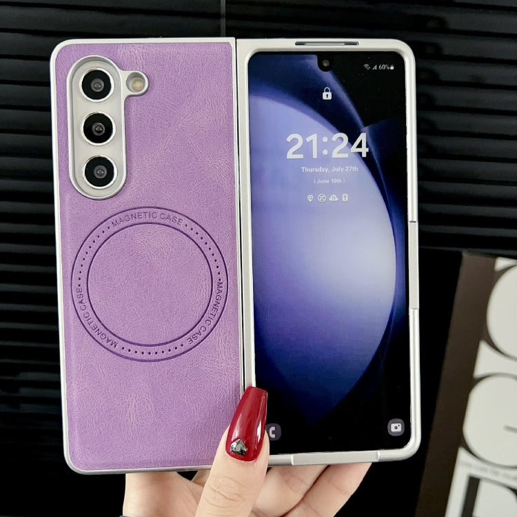For Samsung Galaxy Z Fold5 Skin Feel Leather Texture MagSafe Pearlescent Paint Shockproof Phone Case(Purple) - Galaxy Z Fold5 Cases by buy2fix | Online Shopping UK | buy2fix