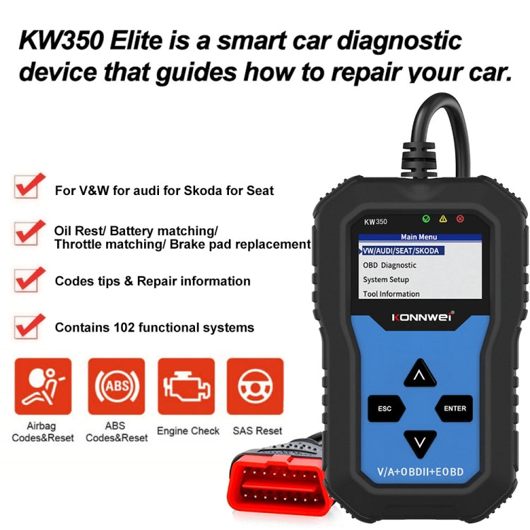 KONNWEI KW350 OBDII 12V Car Diagnostics Detector Scanner with 2 inch Black And White Display Screen V007 for Audi / Volkswagen - In Car by KONNWEI | Online Shopping UK | buy2fix