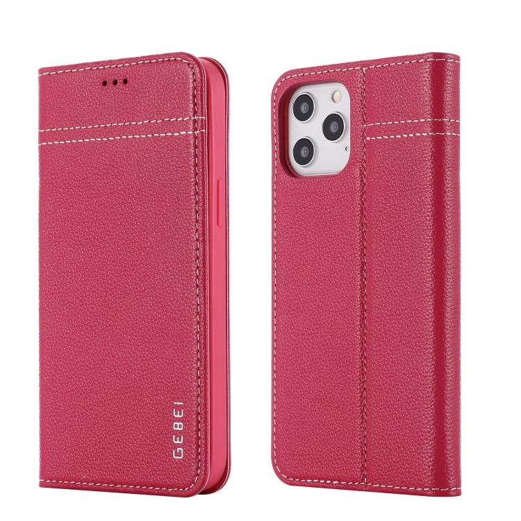 For iPhone 12 / 12 Pro GEBEI Top-grain Leather Horizontal Flip Protective Case with Holder & Card Slots(Rose Red) - iPhone 12 / 12 Pro Cases by GEBEI | Online Shopping UK | buy2fix