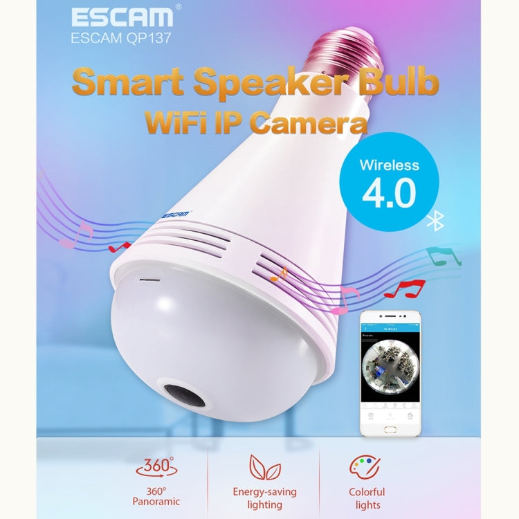 ESCAM QP137 2MP HD 1080P 360 Degree Panoramic Bluetooth Speaker Bulb IP Camera, E27, WiFi, Motion Detection,(White) - Security by ESCAM | Online Shopping UK | buy2fix