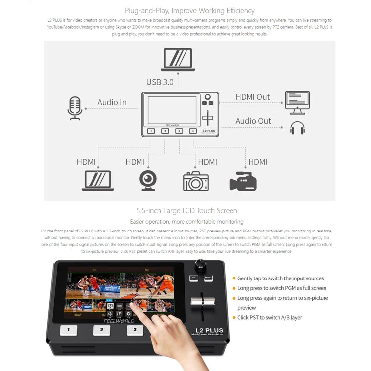 FEELWORLD L2 Plus Multi-camera Video Mixer Switcher with 5.5 inch Screen(EU Plug) - Consumer Electronics by FEELWORLD | Online Shopping UK | buy2fix