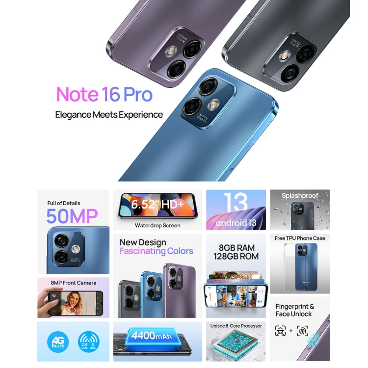 [HK Warehouse] Ulefone Note 16 Pro, 8GB+128GB, Dual Back Cameras, Face ID & Side Fingerprint Identification, 4400mAh Battery, 6.52 inch Android 13 Unisoc T606 OctaCore up to 1.6GHz, Network: 4G, Dual SIM, OTG(Purple) - Ulefone by Ulefone | Online Shopping UK | buy2fix