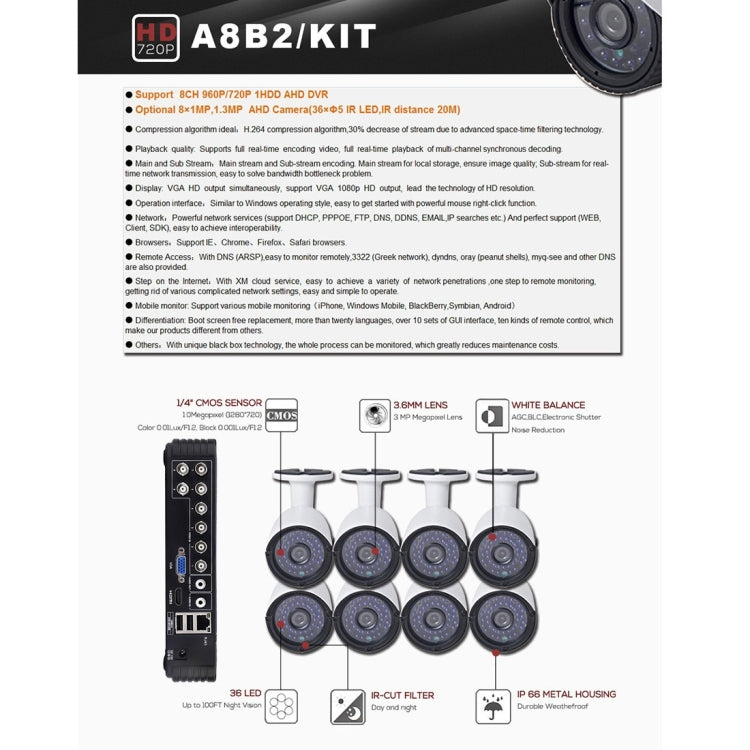 A8B2 8Ch Bullet IP Camera NVR Kit, Support Night Vision / Motion Detection, IR Distance: 20m - Security by buy2fix | Online Shopping UK | buy2fix