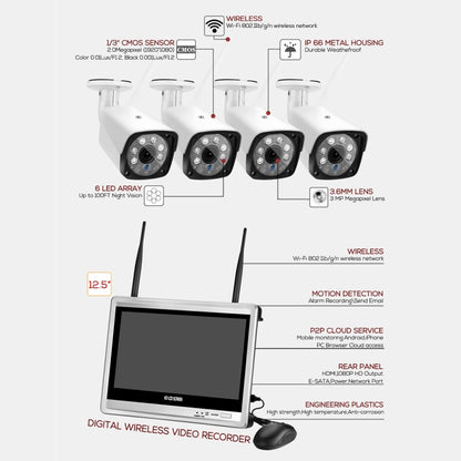 N4B3H2-P12/Kit 1080P Wireless Network Video Recorder Surveillance System Display:12.5 inch(White) - Security by buy2fix | Online Shopping UK | buy2fix