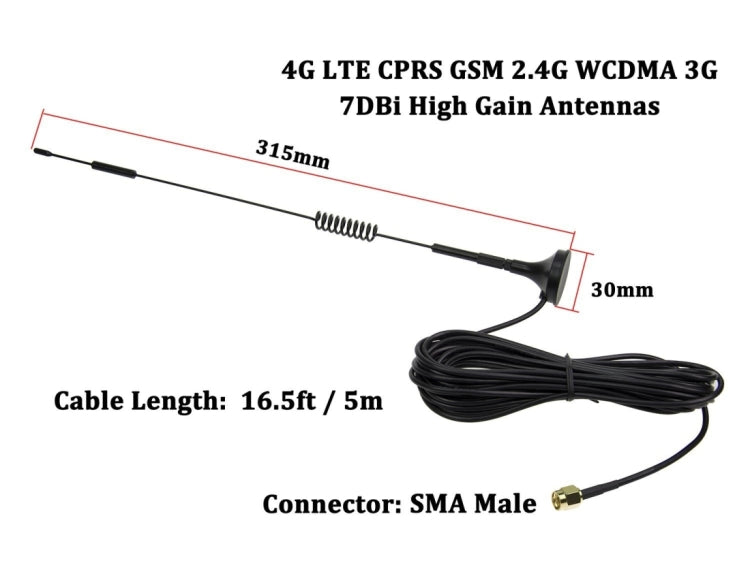 7dBi SMA Male Connector High Gain 4G LTE CPRS GSM 2.4G WCDMA 3G Antenna Network Reception Adapter - Computer & Networking by buy2fix | Online Shopping UK | buy2fix