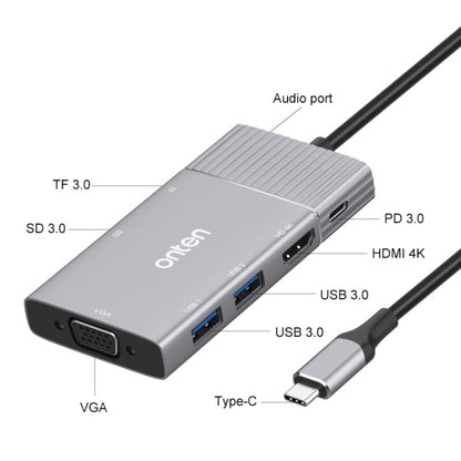 Onten 95113 8 In 1 USB 3.0 x2 + SD / TF + HDMI / VGA + 3.5mm Jack + Type-C / USB-C (PD 3.0) Multi-function HUB Converter Dock Station - USB HUB by Onten | Online Shopping UK | buy2fix