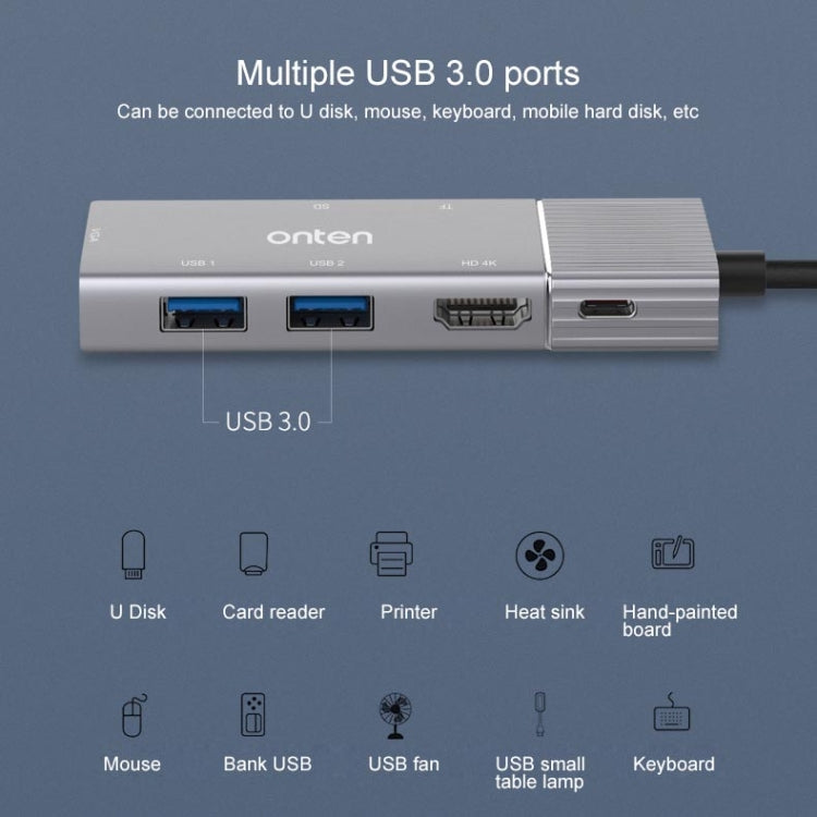 Onten 95113 8 In 1 USB 3.0 x2 + SD / TF + HDMI / VGA + 3.5mm Jack + Type-C / USB-C (PD 3.0) Multi-function HUB Converter Dock Station - USB HUB by Onten | Online Shopping UK | buy2fix