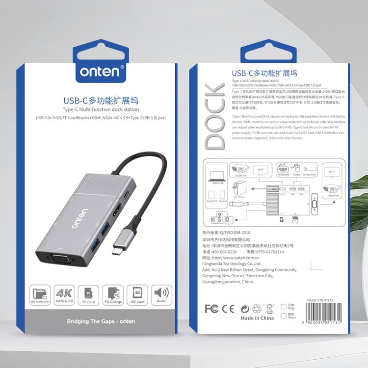 Onten 95113 8 In 1 USB 3.0 x2 + SD / TF + HDMI / VGA + 3.5mm Jack + Type-C / USB-C (PD 3.0) Multi-function HUB Converter Dock Station - USB HUB by Onten | Online Shopping UK | buy2fix