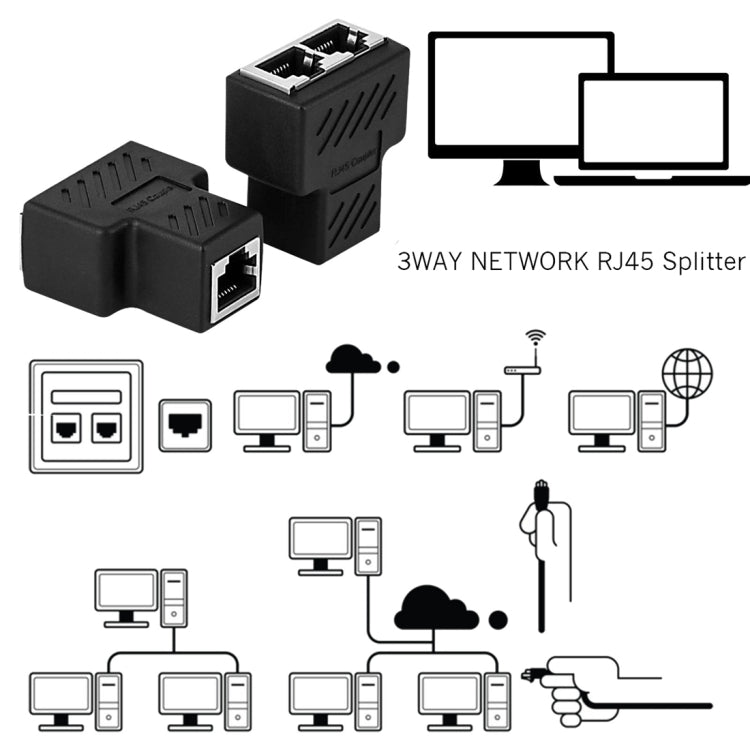 Crystal Network Straight Through Head-line Connector Terminal Female to Female Three Head RJ45 Interface Extension Device(Black) -  by buy2fix | Online Shopping UK | buy2fix