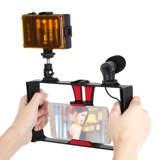 PULUZ 3 in 1 Vlogging Live Broadcast LED Selfie Light Smartphone Video Rig Kits with Microphone + Cold Shoe Tripod Head for iPhone, Galaxy, Huawei, Xiaomi, HTC, LG, Google, and Other Smartphones(Red) - Camera Cage by PULUZ | Online Shopping UK | buy2fix