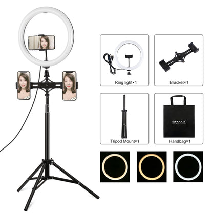 PULUZ 11.8 inch 30cm Light + 1.65m Tripod + Dual Phone Bracket Curved Surface USB 3 Modes Dimmable Dual Color Temperature LED Ring Vlogging Video Light  Live Broadcast Kits with Phone Clamp(Black) - Ring Light by PULUZ | Online Shopping UK | buy2fix