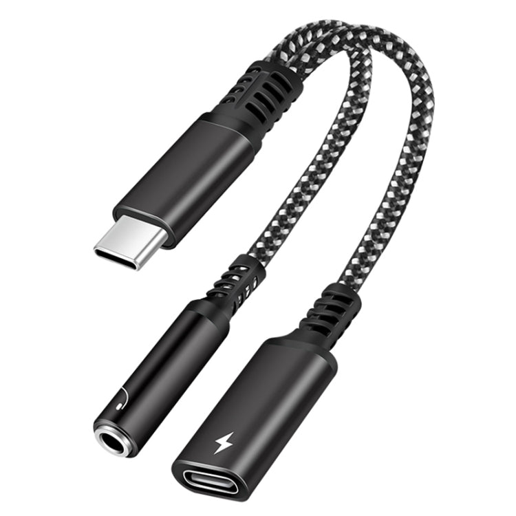 2 in 1 USB-C / Type-C Male to PD 60W USB-C / Type-C Charging + 3.5mm Audio Female Earphone Adapter (Black) - Type-C Adapter by buy2fix | Online Shopping UK | buy2fix