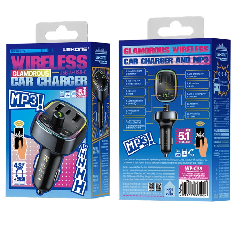 WK WP-C39 USB+USB-C/Type-C MP3 Bluetooth Car Fast Charger(Black) - In Car by WK | Online Shopping UK | buy2fix