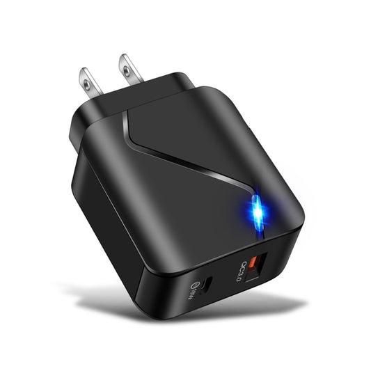 LZ-819A+C QC3.0 USB + PD 18W USB-C / Type-C Interfaces Travel Charger with Indicator Light, US Plug(Black) - Mobile Accessories by buy2fix | Online Shopping UK | buy2fix