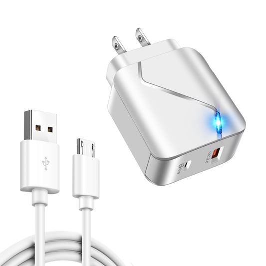 LZ-819A+C 18W QC3.0 USB + PD USB-C / Type-C Interface Travel Charger with Indicator Light + USB to Micro USB Fast Charging Data Cable Set, US Plug(White) - Mobile Accessories by buy2fix | Online Shopping UK | buy2fix