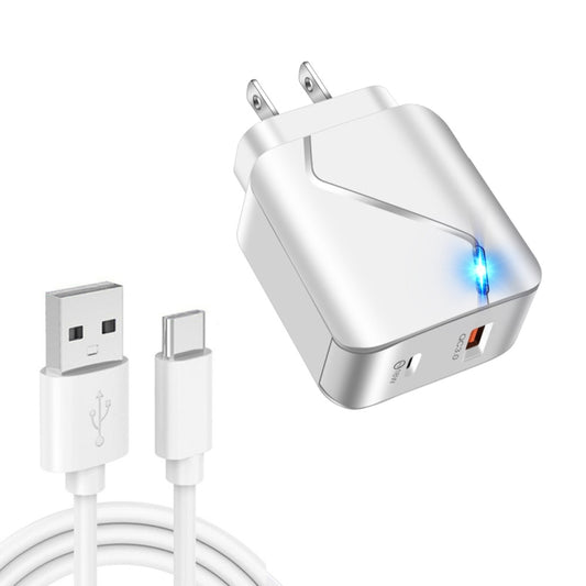 LZ-819A+C 18W QC3.0 USB + PD USB-C / Type-C Interface Travel Charger with Indicator Light + USB to USB-C / Type-C Fast Charging Data Cable Set, US Plug(White) - Mobile Accessories by buy2fix | Online Shopping UK | buy2fix