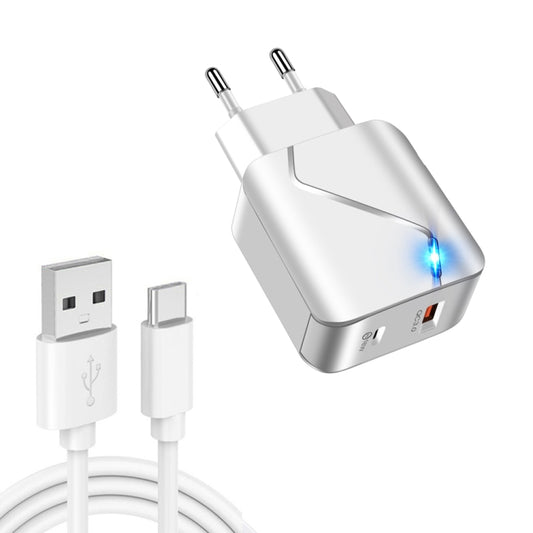 LZ-819A+C 18W QC3.0 USB + PD USB-C / Type-C Interface Travel Charger with Indicator Light + USB to USB-C / Type-C Fast Charging Data Cable Set, EU Plug(White) - Mobile Accessories by buy2fix | Online Shopping UK | buy2fix