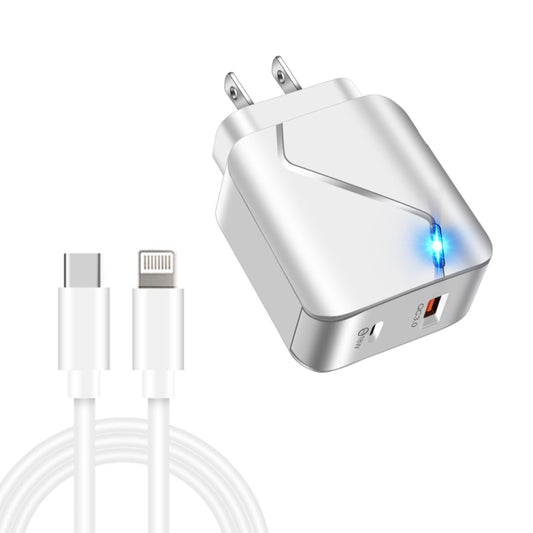 LZ-819A+C 18W QC3.0 USB + PD USB-C / Type-C Interface Travel Charger with Indicator Light + USB-C / Type-C to 8 Pin Fast Charging Data Cable Set, US Plug(White) - Mobile Accessories by buy2fix | Online Shopping UK | buy2fix