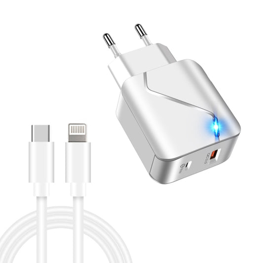 LZ-819A+C 18W QC3.0 USB + PD USB-C / Type-C Interface Travel Charger with Indicator Light + USB-C / Type-C to 8 Pin Fast Charging Data Cable Set, EU Plug(White) - Mobile Accessories by buy2fix | Online Shopping UK | buy2fix