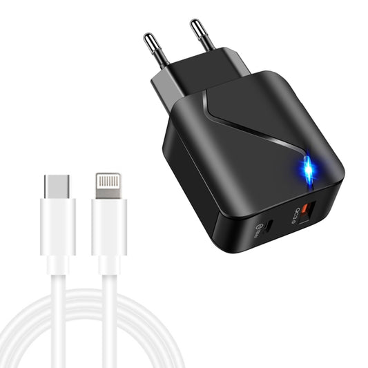 LZ-819A+C 18W QC3.0 USB + PD USB-C / Type-C Interface Travel Charger with Indicator Light + USB-C / Type-C to 8 Pin Fast Charging Data Cable Set, EU Plug(Black) - Mobile Accessories by buy2fix | Online Shopping UK | buy2fix