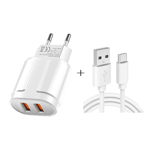 Dual USB Portable Travel Charger + 1 Meter USB to Type-C Data Cable, EU Plug(White) - Mobile Accessories by buy2fix | Online Shopping UK | buy2fix