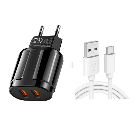 Dual USB Portable Travel Charger + 1 Meter USB to Type-C Data Cable, EU Plug(Black) - Mobile Accessories by buy2fix | Online Shopping UK | buy2fix