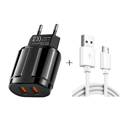Dual USB Portable Travel Charger + 1 Meter USB to Micro USB Data Cable, EU Plug(Black) - Mobile Accessories by buy2fix | Online Shopping UK | buy2fix
