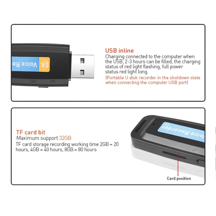 SK001 Professional Rechargeable U-Disk Portable USB Digital Audio Voice Recorder Pen Support TF Card Up to 32GB Dictaphone Flash Drive(Black) - Consumer Electronics by buy2fix | Online Shopping UK | buy2fix