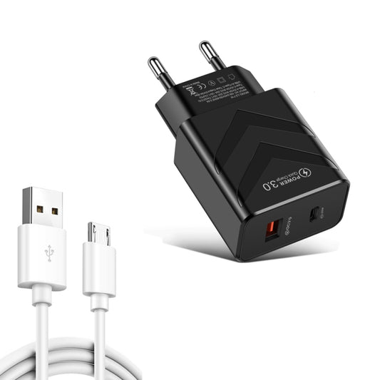 LZ-715 20W PD + QC 3.0 Dual Ports Fast Charging Travel Charger with USB to Micro USB Data Cable, EU Plug(Black) - Mobile Accessories by buy2fix | Online Shopping UK | buy2fix