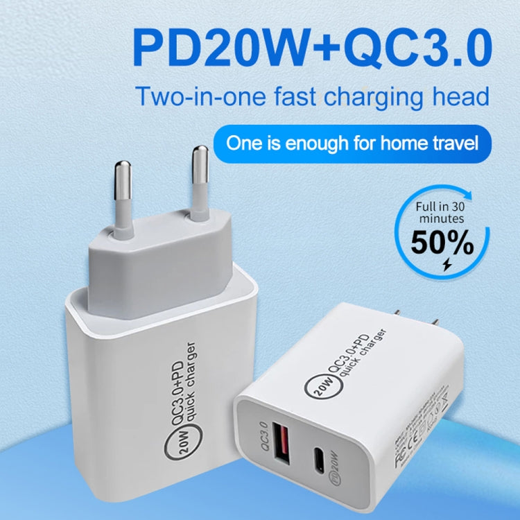 20W PD Type-C + QC 3.0 USB Interface Fast Charging Travel Charger with USB to 8 Pin Fast Charge Data Cable US Plug - Apple Accessories by buy2fix | Online Shopping UK | buy2fix